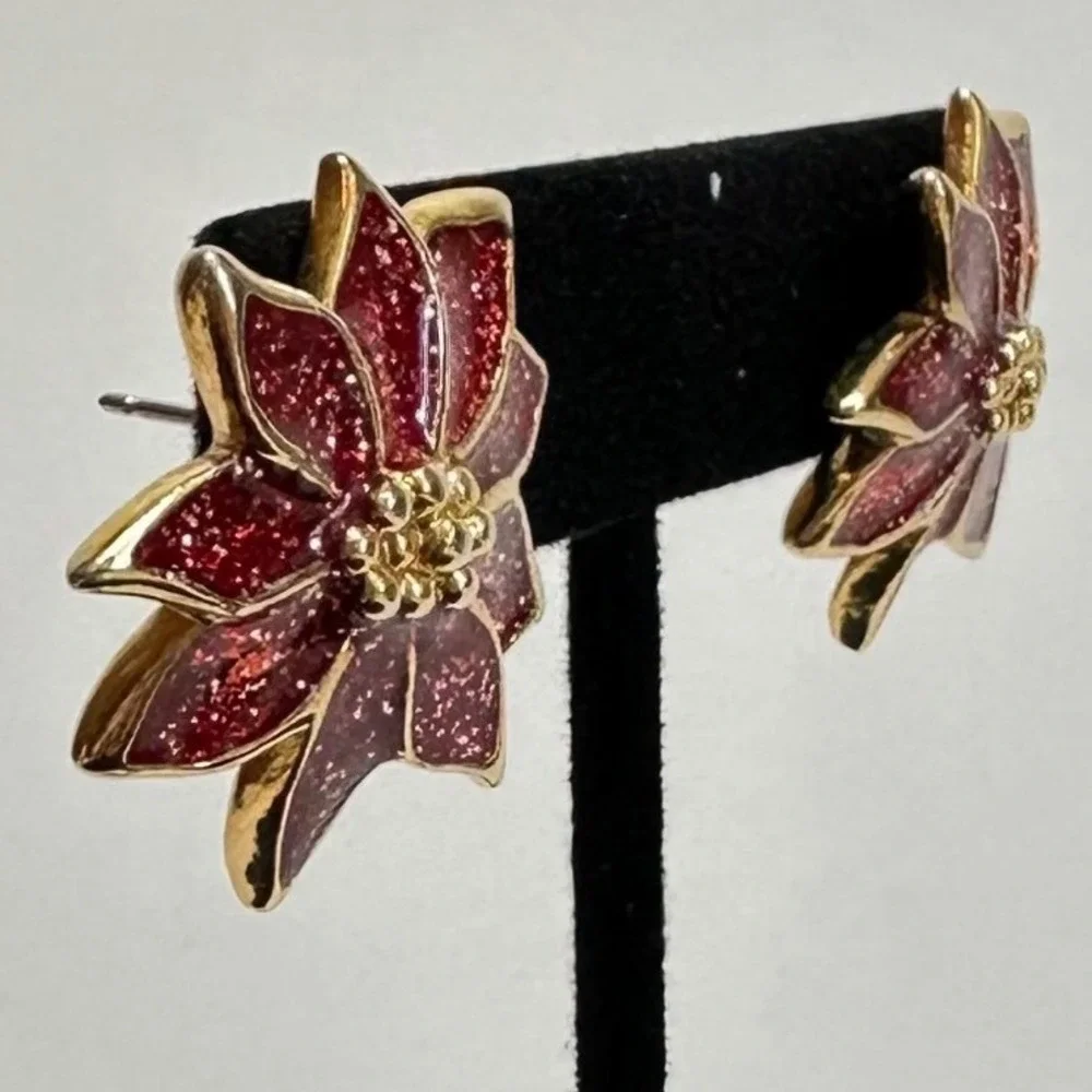 Vintage Avon of Belleville Red Poinsettia Stud Earrings Glitter Enamel Christmas